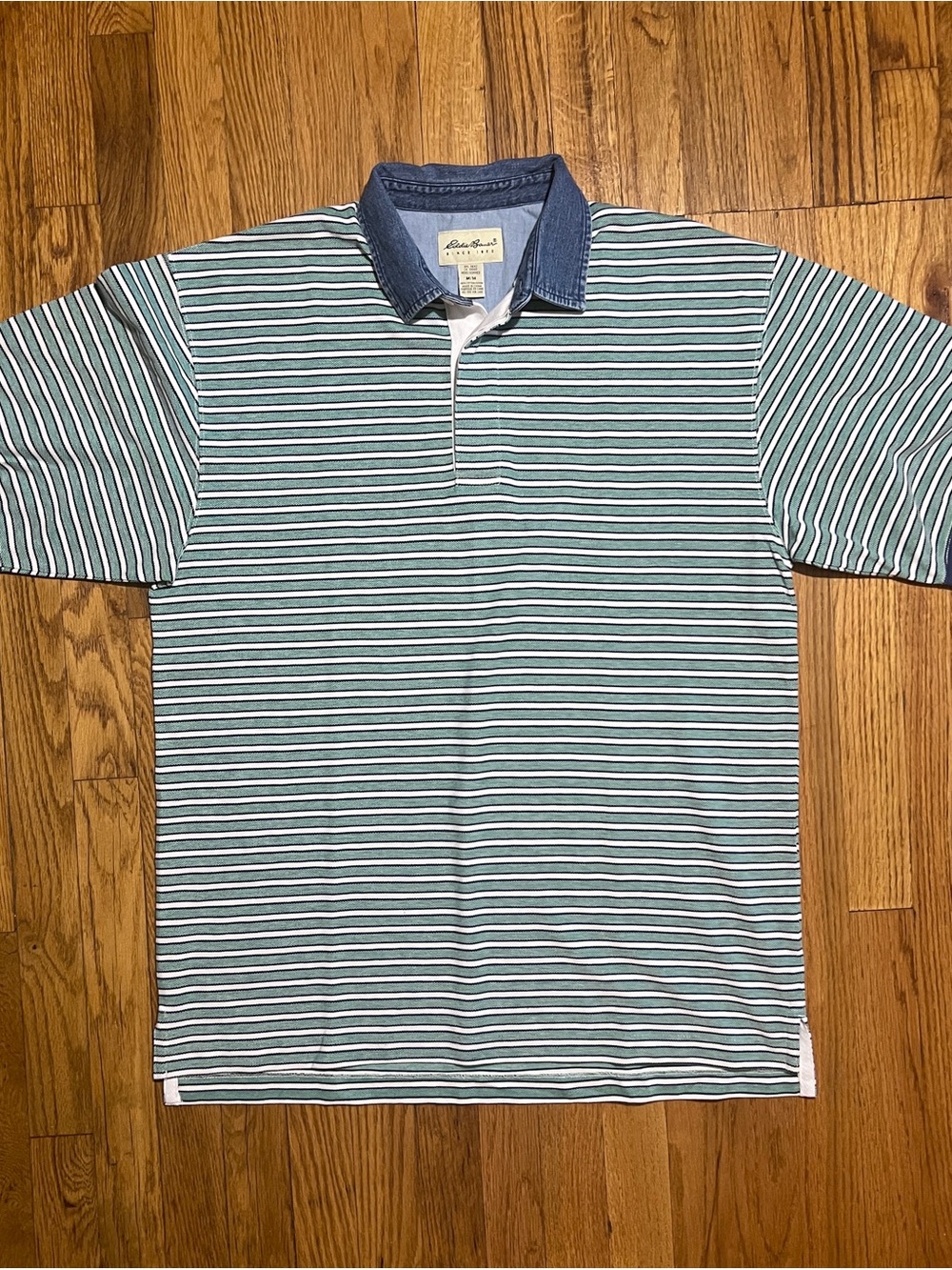 Vintage Eddie Bauer Rugby Polo Shirt Men's M Green Blue Striped Denim